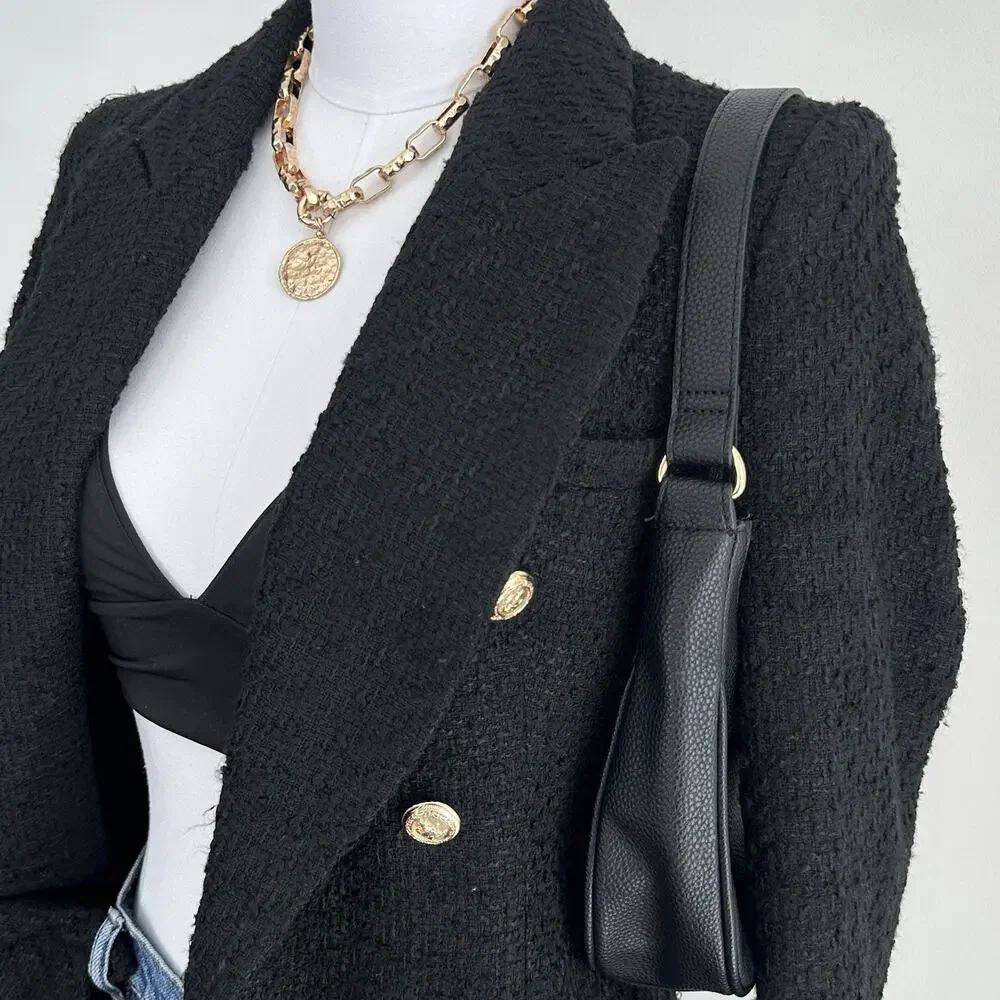 Zara Tweed Jacket Womens Medium Double Breasted Boucle Equestrian Academia Chic - Picture 6 of 16